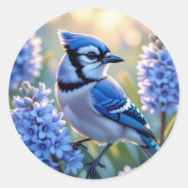 Pegatina Redonda Hermosa ilustración de IA de arrendajo azul y lila