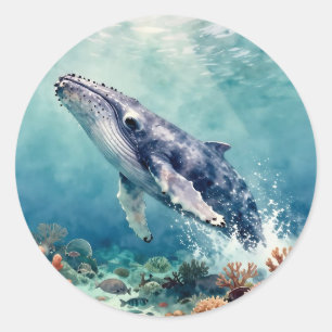 Pegatina Redonda Hermosa ilustración oceánica de ballena con impast
