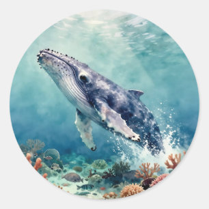 Pegatina Redonda Hermosa ilustración oceánica de ballena con impast