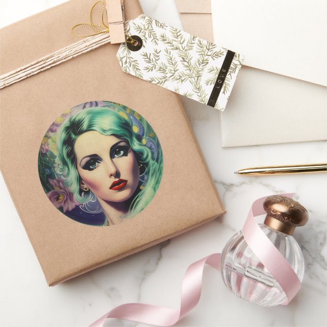 Pegatina Redonda Hermosa lavanda y verde estilo retro mujer (Regalar)