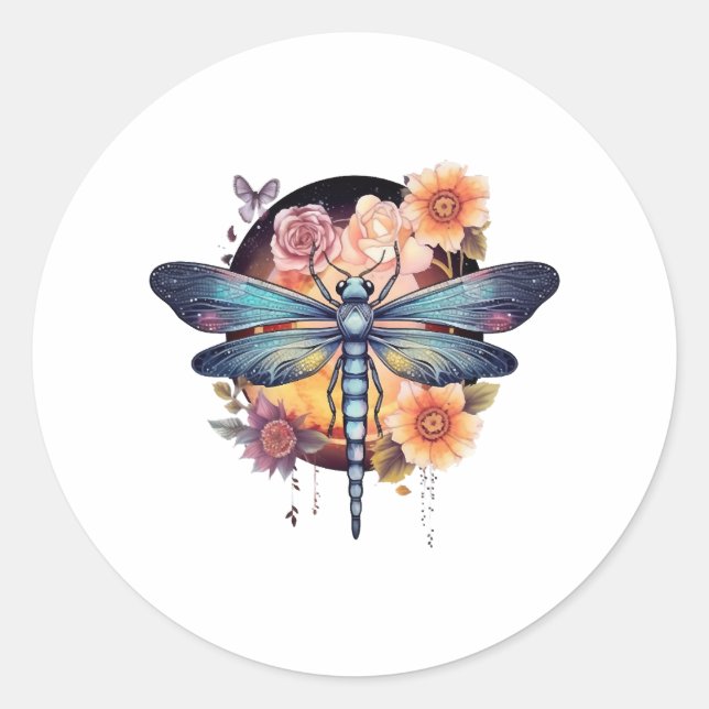 Pegatina Redonda Hermosa libélula (Anverso)