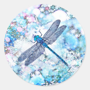 Pegatina Redonda Hermosa libélula azul