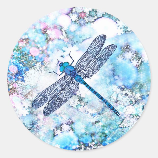 Pegatina Redonda Hermosa libélula azul (Anverso)