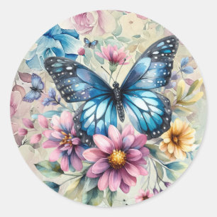Pegatina Redonda Hermosa mariposa floral de primavera