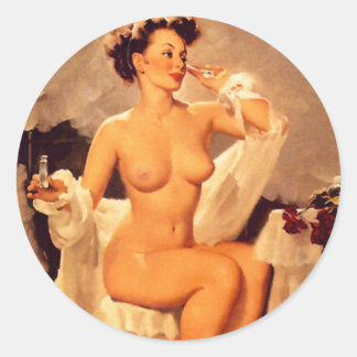 Pegatina Redonda Hermosa morena Arte de chica pin up vintage