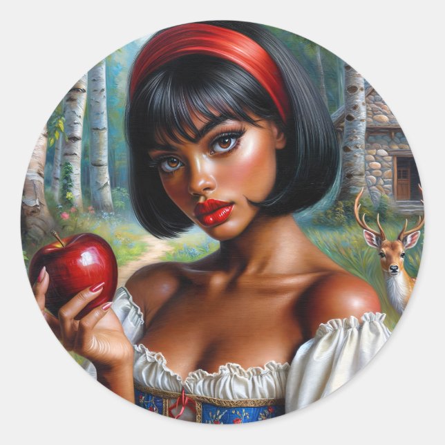 Pegatina Redonda Hermosa Mujer Negra Con Apple (Anverso)