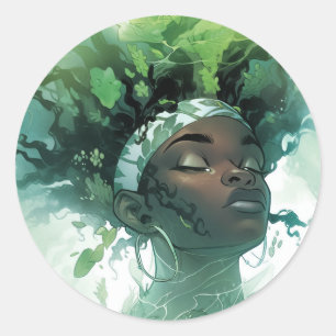 Pegatina Redonda Hermosa mujer negra flotando en agua con plantas
