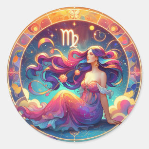 Pegatina Redonda Hermosa mujer virgo   Arte de Horoscopio