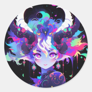 Pegatina Redonda Hermosa neón Anime Demon Elf Chica con cuernos