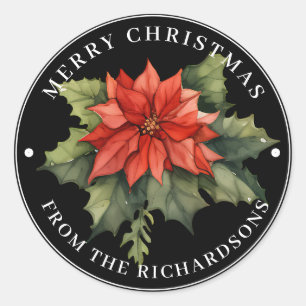 Pegatina Redonda Hermosa Poinsettia Roja Feliz Navidad en negro