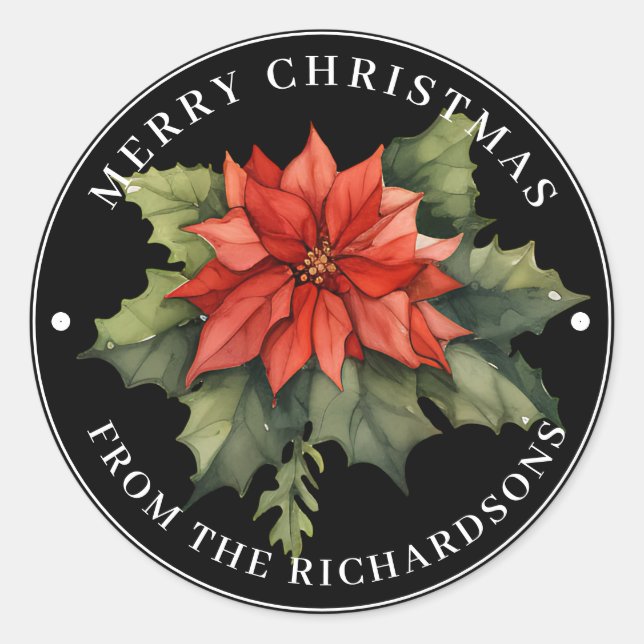 Pegatina Redonda Hermosa Poinsettia Roja Feliz Navidad en negro (Anverso)
