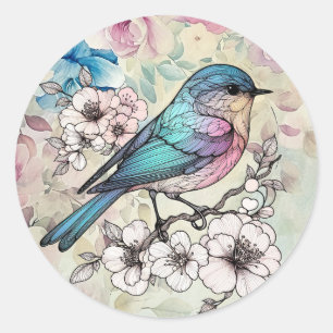 Pegatina Redonda Hermosa Primavera Acuarela Floral Pájaro