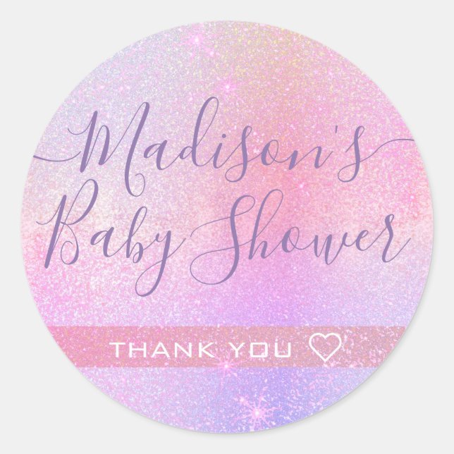 Pegatina Redonda Hermosa Purpurina Girona Baby Shower Gracias Etiqu (Anverso)