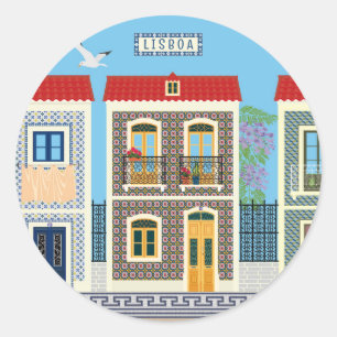 Pegatina Redonda Hermosas casas portuguesas con azulejos o azulejos
