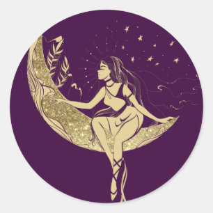 Pegatina Redonda Hermosas estrellas de luna mujeres ilustracion art