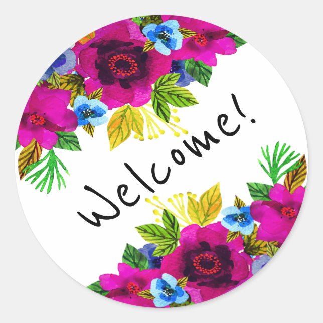 Pegatina Redonda Hermosas flores acuarelas diseño floral verde l (Anverso)