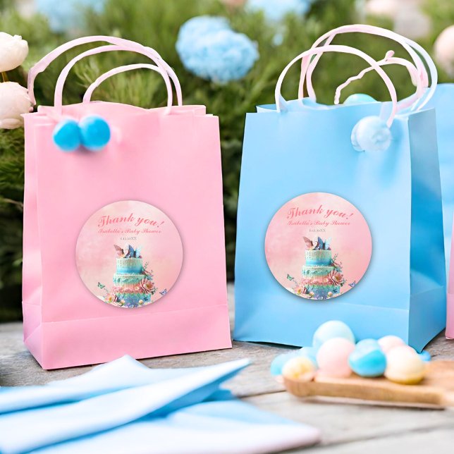 Pegatina Redonda Hermosas mariposas gemelas Baby Shower (Twice the beauty, fluttering joy, twins adorned with butterfly love stickers.)