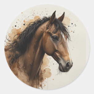 Pegatina Redonda Hermoso Arte de Animal de Caballo Marrón