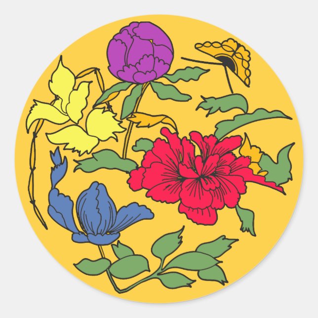 Pegatina Redonda Hermoso arte floral japonés (Anverso)