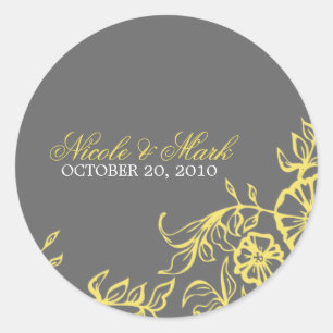 Pegatina Redonda Hermoso Boda floral amarillo y gris