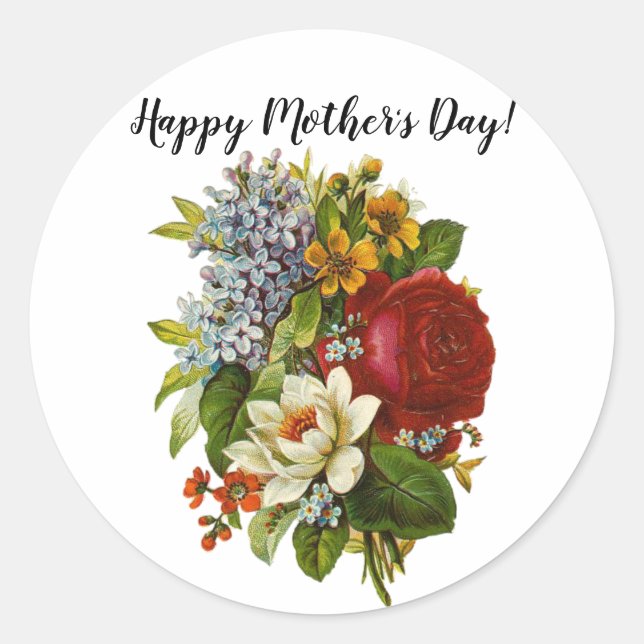 Pegatina Redonda Hermoso Bouquet Romántico de Verano con Rosa Roja (Anverso)