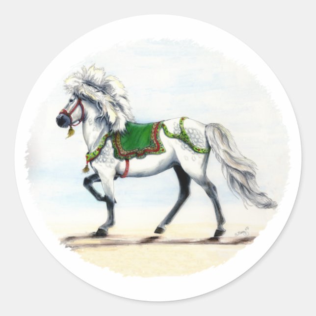 Pegatina Redonda Hermoso caballo islandés de Navidad (Anverso)