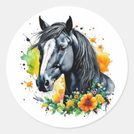 Pegatina Redonda Hermoso caballo negro rodeado de flores amarillas