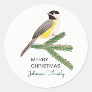 Pegatina Redonda Hermoso carbonero de Navidad amarillo y árbol verd