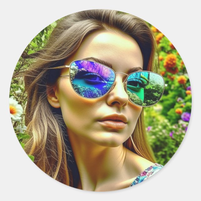 Pegatina Redonda Hermoso Chica con flores reflectantes de gafas de  (Anverso)