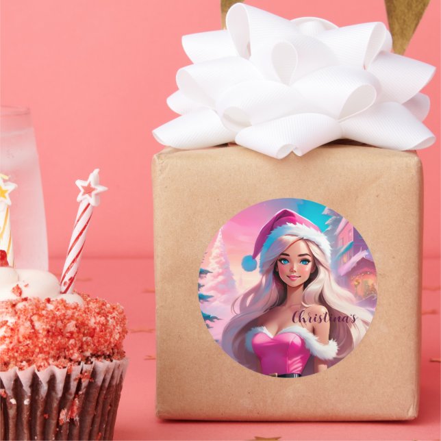 Pegatina Redonda Hermoso Chica de Navidades rosados 01 (Fiesta)