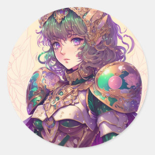 Pegatina Redonda Hermoso Chica Floral Knight Anime