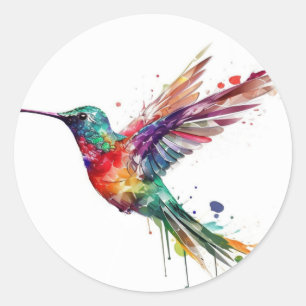 Pegatina Redonda Hermoso colibrí arcoiris con efecto salpicador