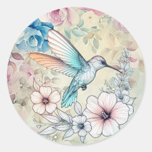 Pegatina Redonda Hermoso Colibrí Floral Acuarela de Primavera