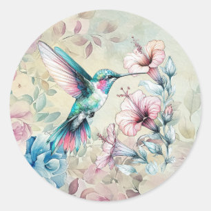 Pegatina Redonda Hermoso Colibrí Floral Acuarela de Primavera