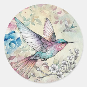 Pegatina Redonda Hermoso Colibrí Floral Primavera