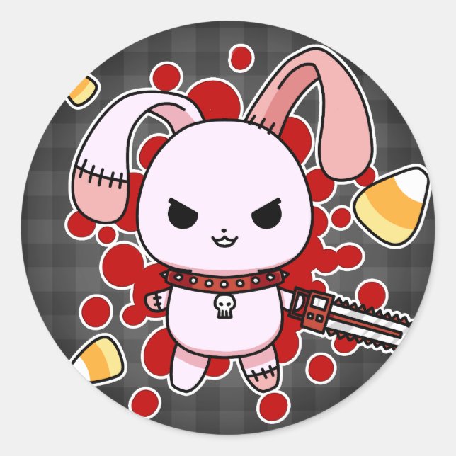 Pegatina Redonda Hermoso conejito malvado de Kawaii con motosierra (Anverso)