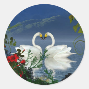 Pegatina Redonda Hermoso corazón cisne flores rojas 1