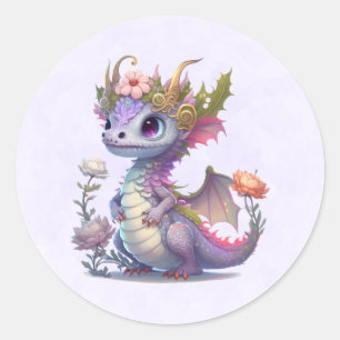 Pegatina Redonda Hermoso dragón con corona elegante