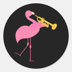 Pegatina Redonda Hermoso Flamingo tocando música de trompetas