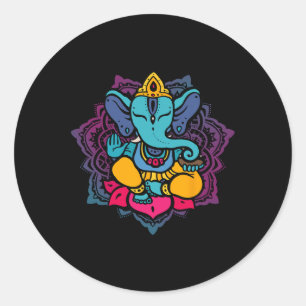 Pegatina Redonda Hermoso Ganesha en Mandala de Meditación de Loto d