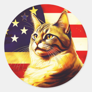Pegatina Redonda Hermoso Gato Con Antecedentes De Bandera Americana