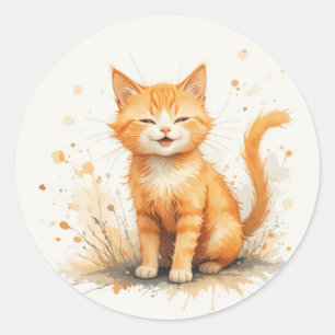 Pegatina Redonda Hermoso Gato Naranja Sonriente Mascota Animal Gati