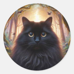 Pegatina Redonda Hermoso Gato Negro Fluffy con Ojos de Oro