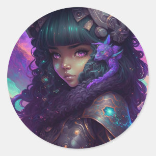 Pegatina Redonda Hermoso guerrero Chica de Anime