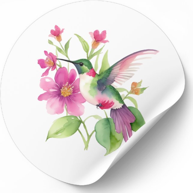 Pegatina Redonda Hermoso ilustracion de flores de colibrí (Subido por el creador)