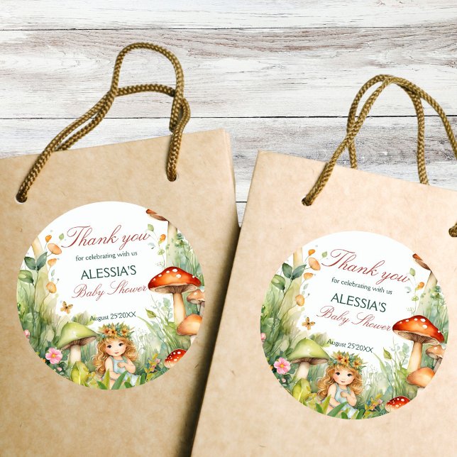 Pegatina Redonda Hermoso jardín hada bebé favor de la ducha (Enchanted garden forest mushroom fairy baby shower thank you favor stickers earthy green natural)