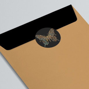 Pegatina Redonda Hermoso logotipo de mariposa decorativo ornato neg