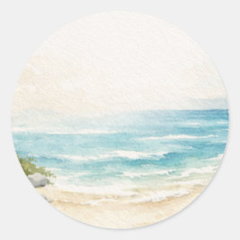 Pegatina Redonda Hermoso Oceánico Costero Pintado con Acuarela