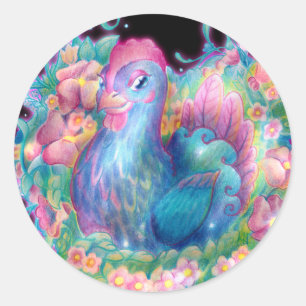 Pegatina Redonda Hermoso pollo y flores