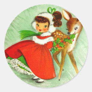 Pegatina Redonda Hermoso reno y Chica de Navidad